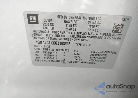 2016 Chevrolet Equinox Lt z USA, uszkodzony, nr VIN 1GNALCEKXGZ103625